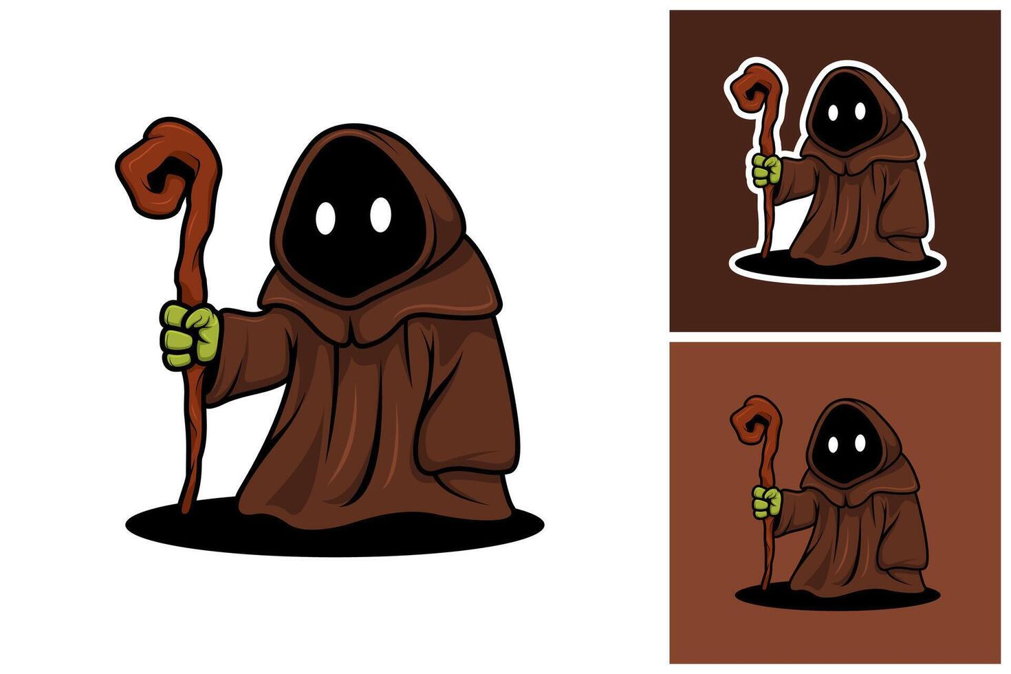 Mysterious Hooded Mage with Staff Cartoon Mascot vector