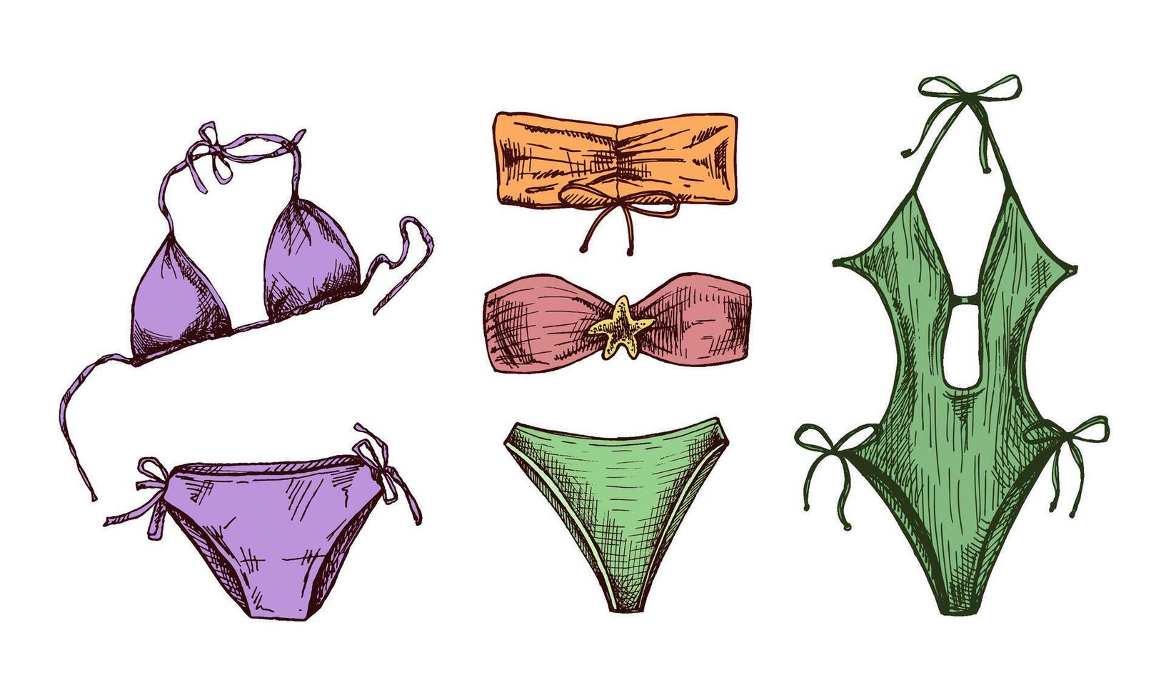 Hand drawn colored sketch of summer swimwear collection with stylish details vector