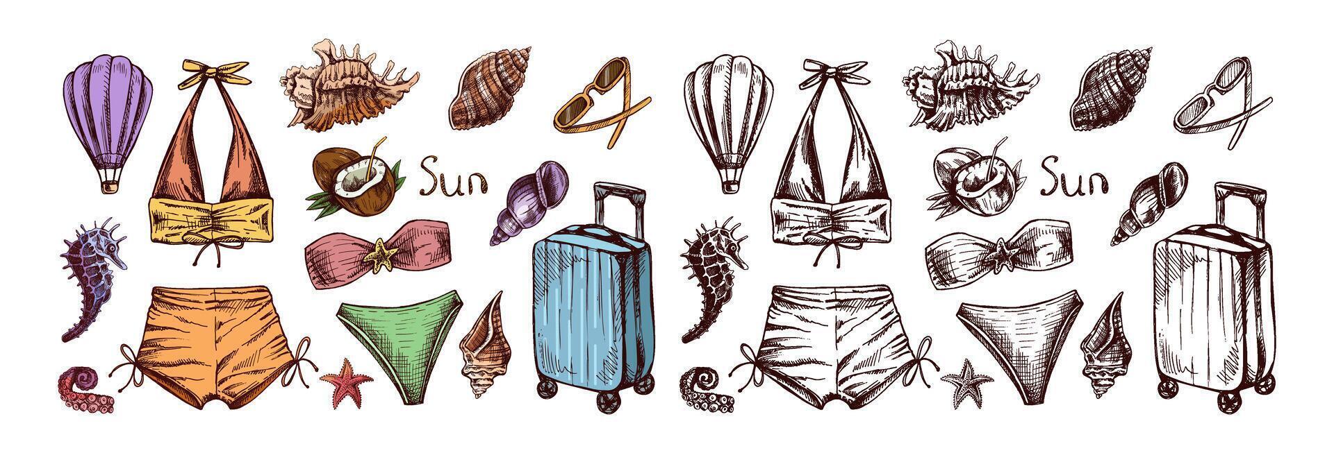 Hand drawn colored and monochrome sketch of summer beachwear and travel elements set vector