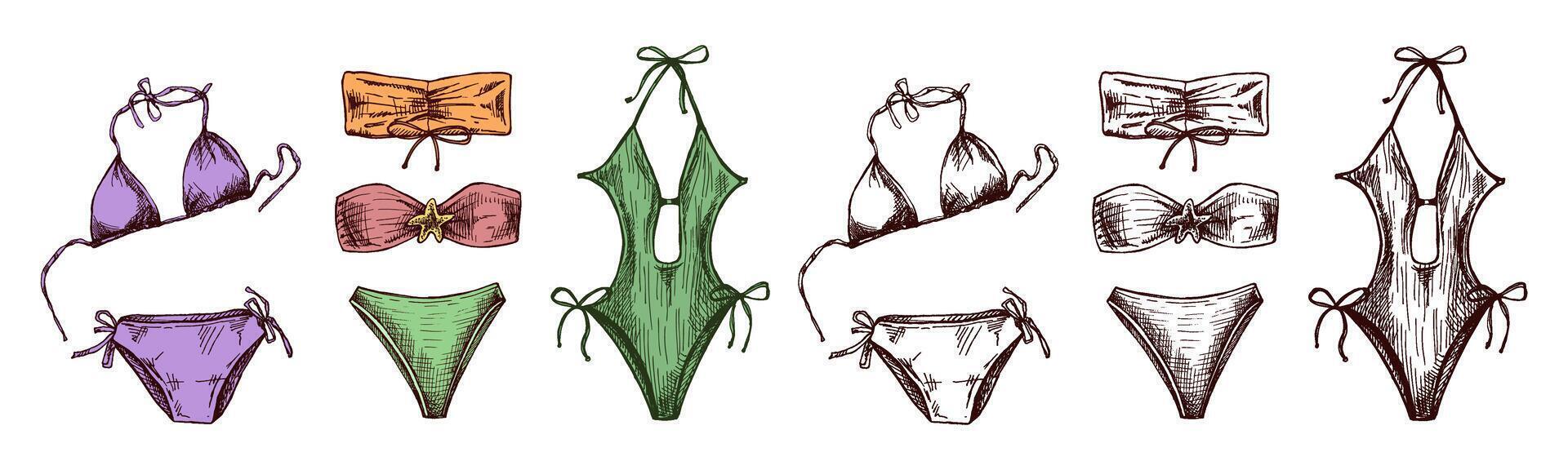 Hand drawn colored and monochrome sketch of summer swimwear collection with stylish details vector