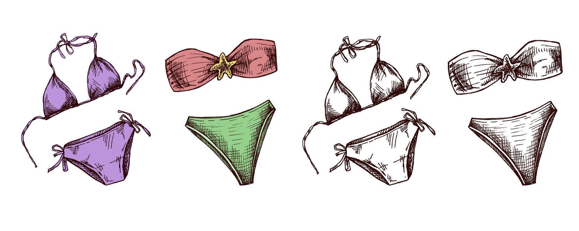 Hand drawn colored and monochrome sketch of bikini swimwear set with starfish detail vector