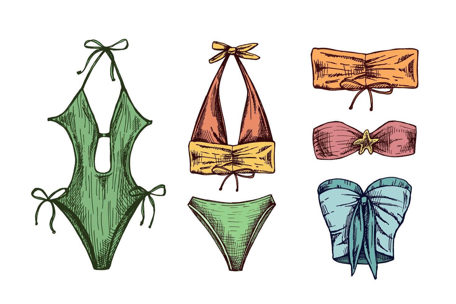 Hand drawn colored sketch of stylish summer swimwear collection with bikinis and one-piece vector