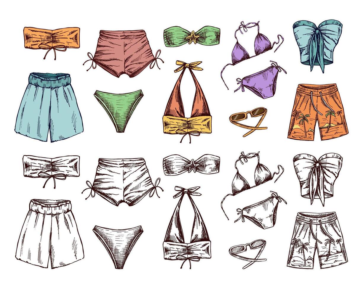 Hand drawn colored and monochrome sketch of summer beachwear set with bikinis and shorts vector