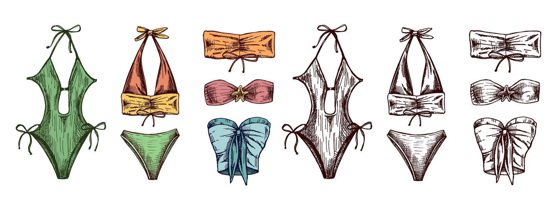 Hand drawn colored and monochrome sketch of stylish summer swimwear collection with bikinis and one-piece vector