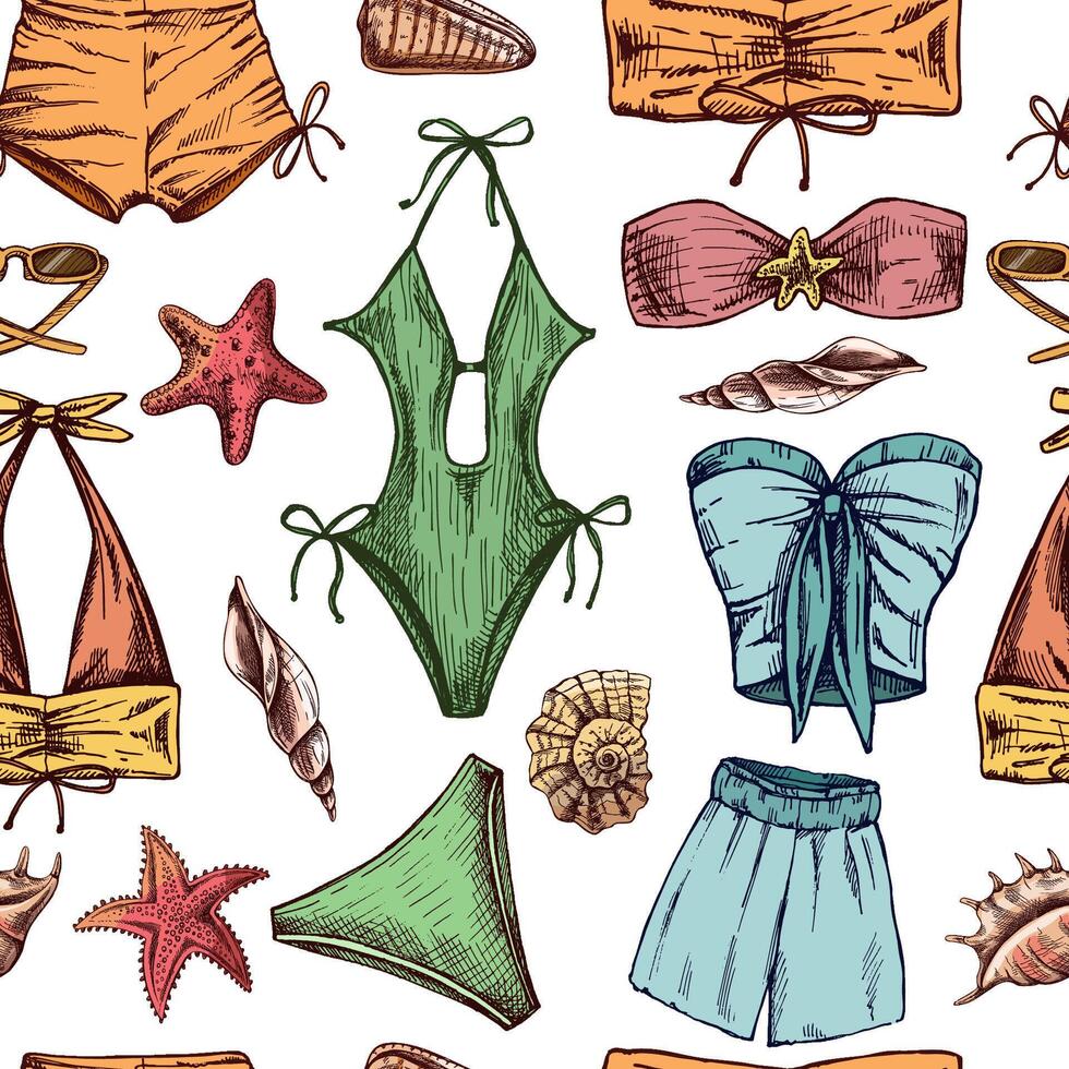 hand drawn colored seamless pattern with beachwear and seashells in vintage style vector