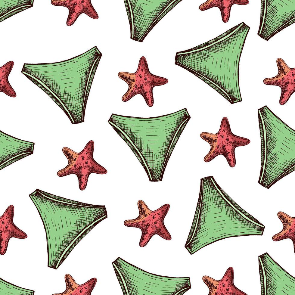 hand drawn colored seamless pattern with bikini bottoms and starfish in vintage style vector