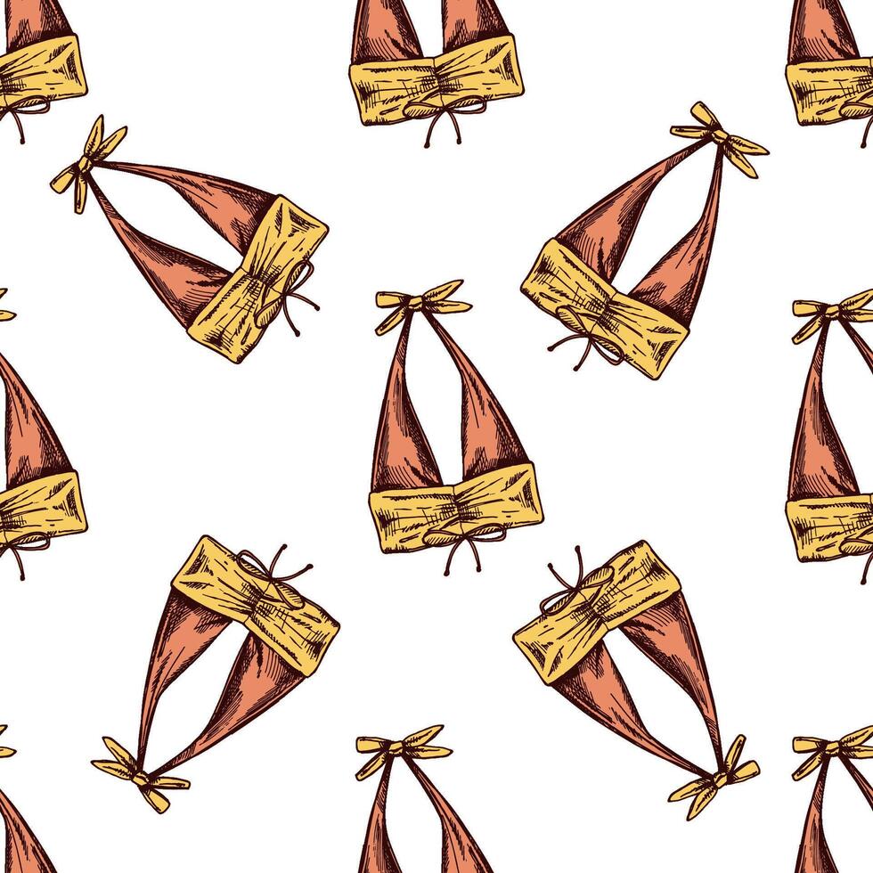 hand drawn colored seamless pattern with halter bikini tops in vintage style vector
