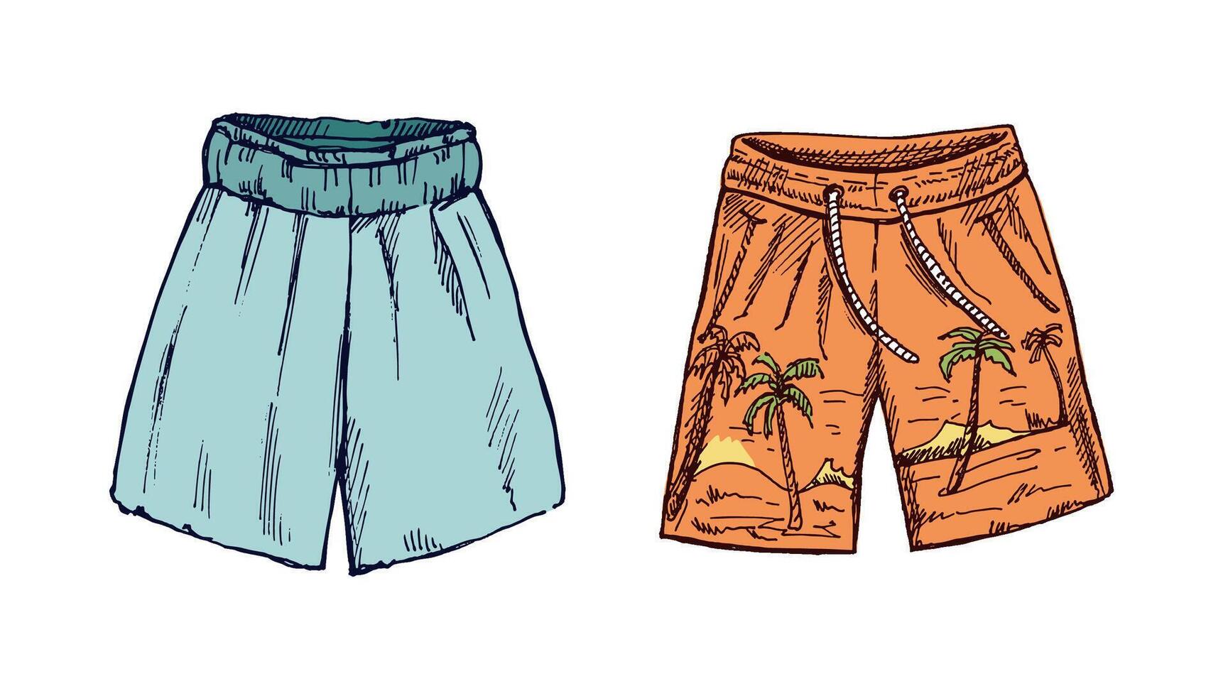Hand drawn colored sketch of beach shorts with tropical pattern vector