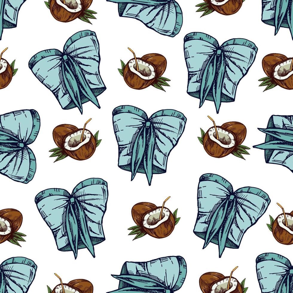 hand drawn colored seamless pattern with bikini top and coconut on white background vector