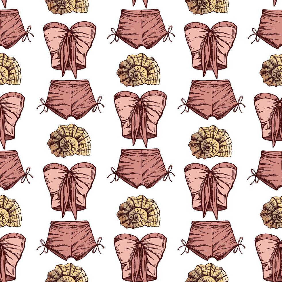 hand drawn colored seamless pattern with summer outfits and seashells in vintage style vector