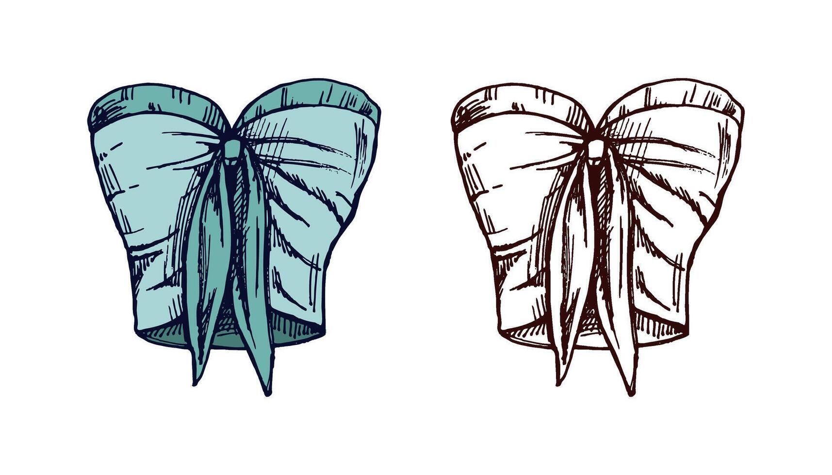 Hand drawn colored and monochrome sketch of strapless bikini top with bow in vintage style vector