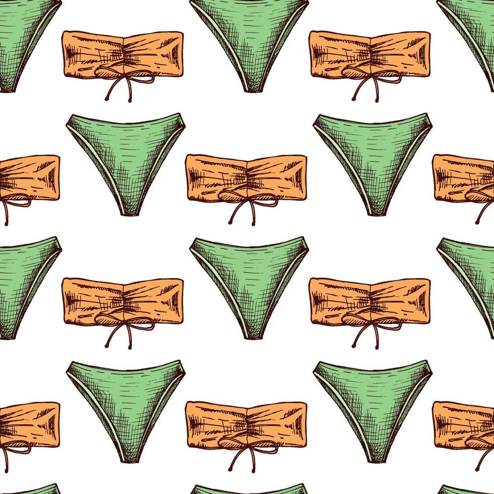 hand drawn colored seamless pattern with bandeau bikini in vintage style vector