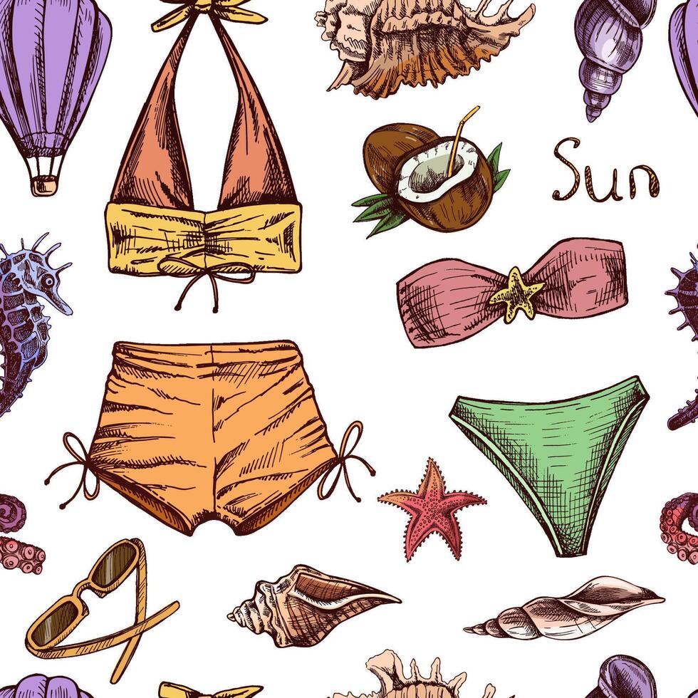 hand drawn colored seamless pattern with beachwear, seashells and tropical elements in vintage style vector