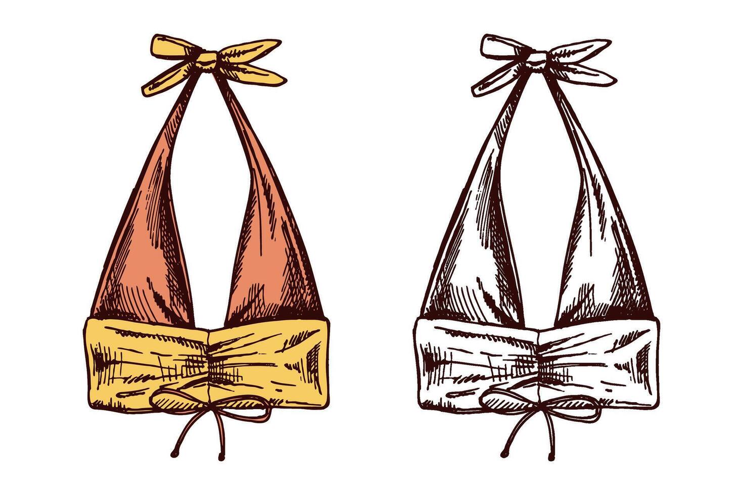 Hand drawn colored and monochrome sketch of halter bikini top with bows in vintage style vector