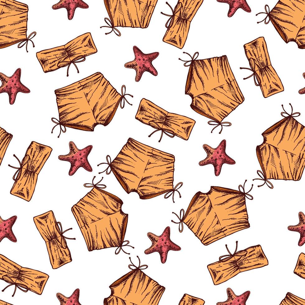 hand drawn colored seamless pattern with swimwear and starfish in vintage style vector