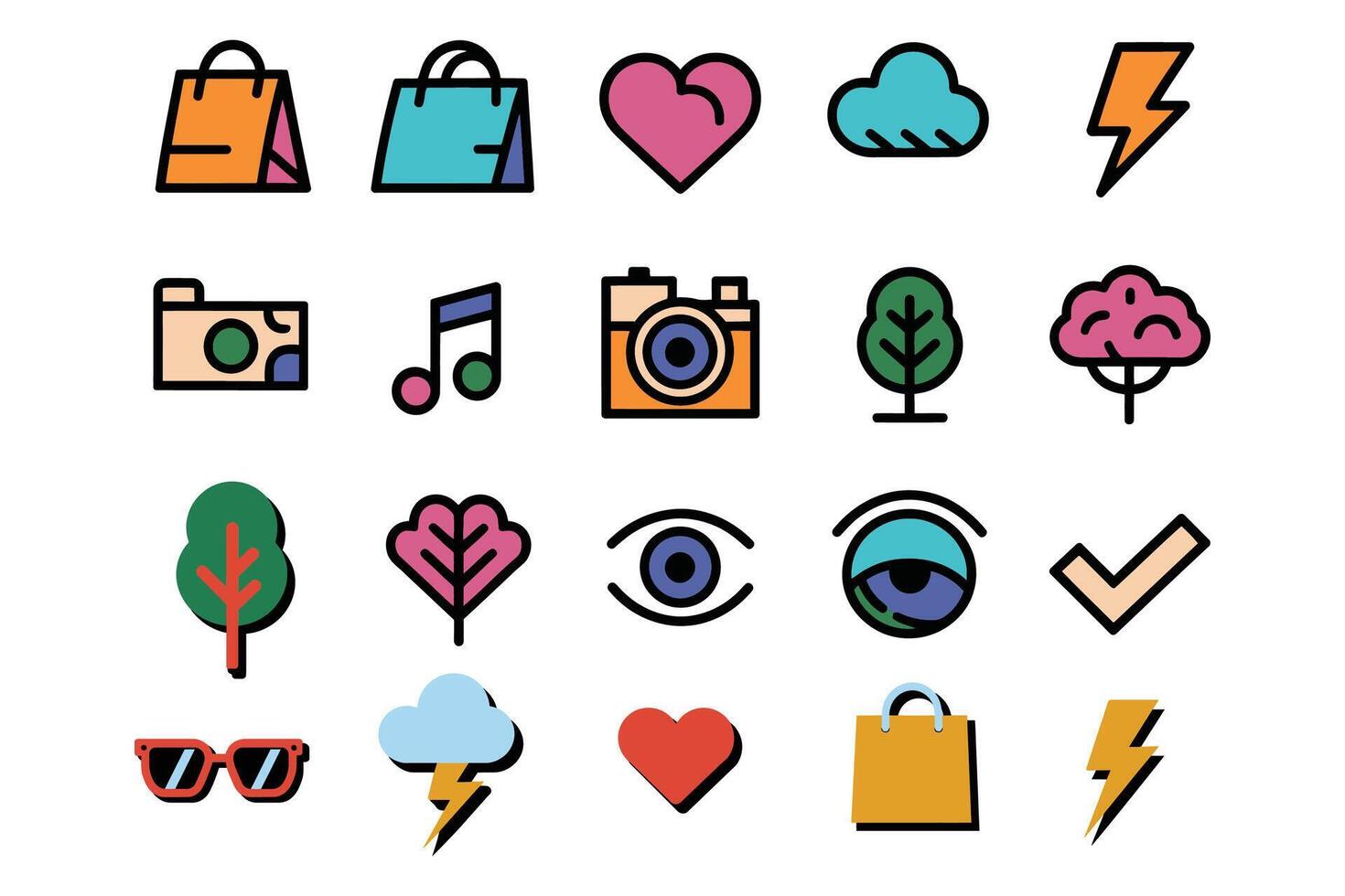 Colorful Icons Set Shopping Music Nature eye art app bags note flat cute trees vector