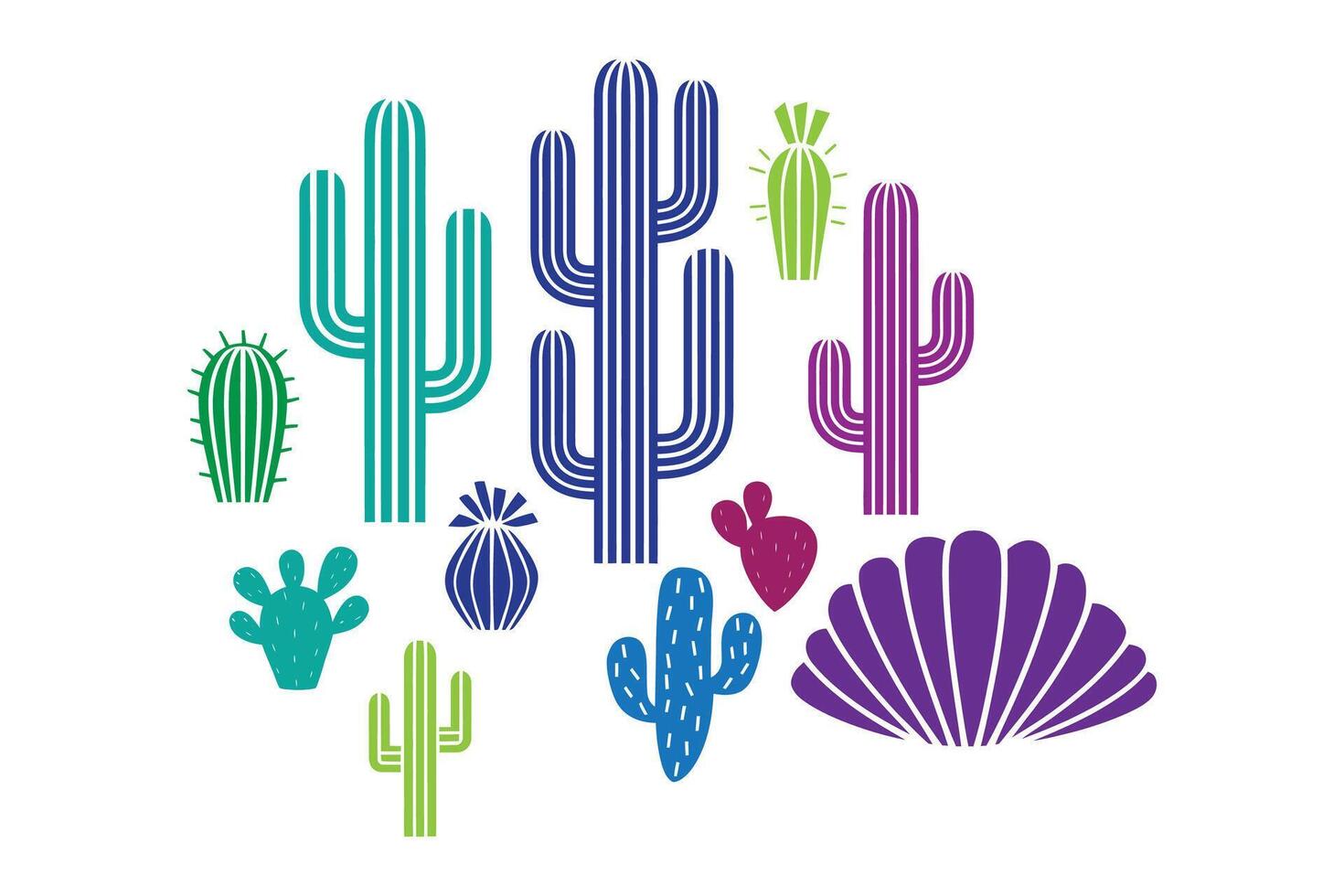 Colorful Cactus Collection Desert Plants Botanical art set blue pink icon vector