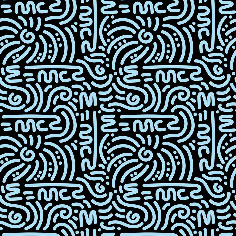 Emc2 seamless pattern with doodle Light blue science doodle in black background vector