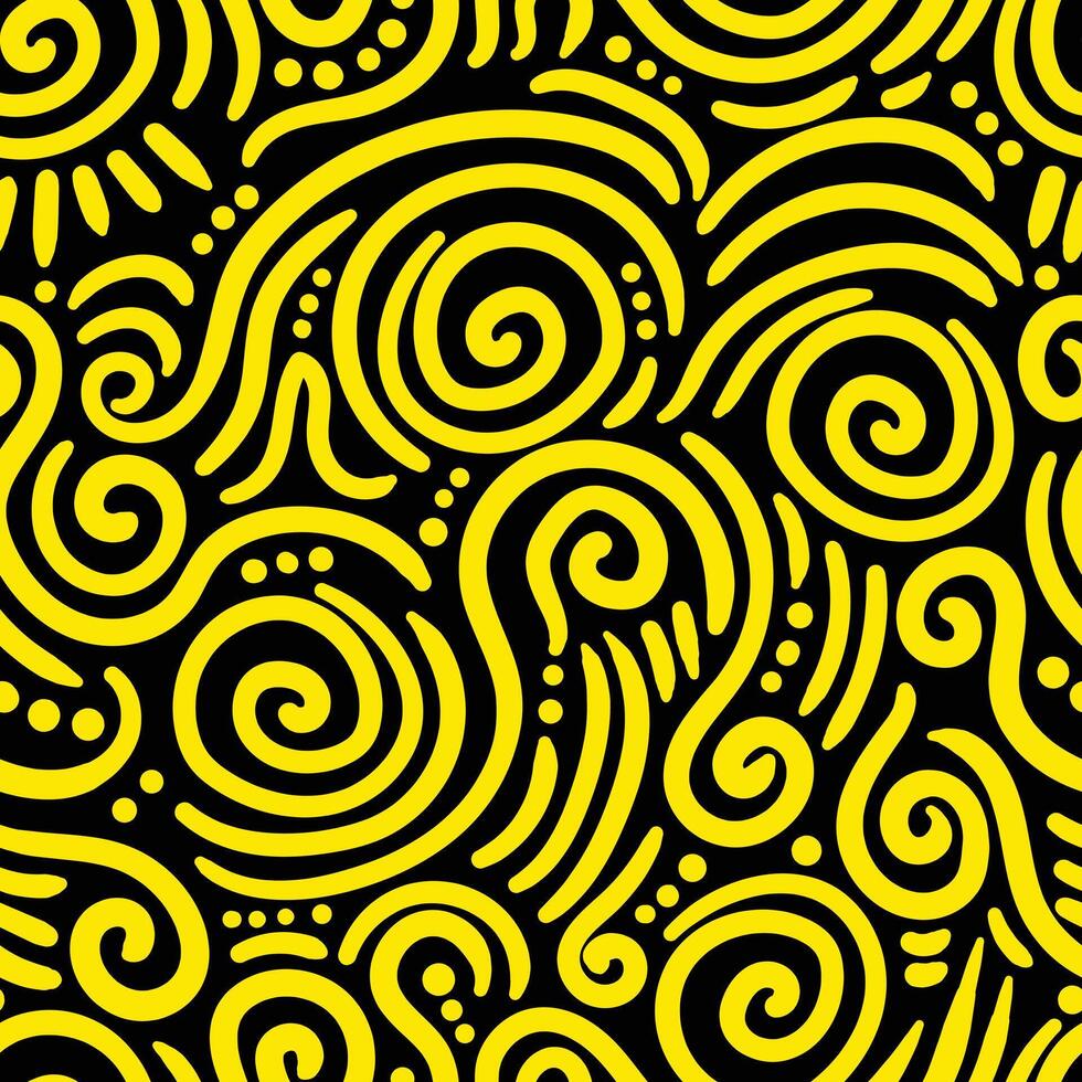 Yellow spiral doodle seamless pattern in black background. vector