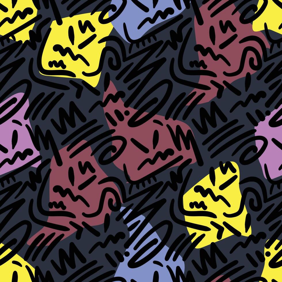 Abstract angry face with doodle seamless pattern for funky idea. vector