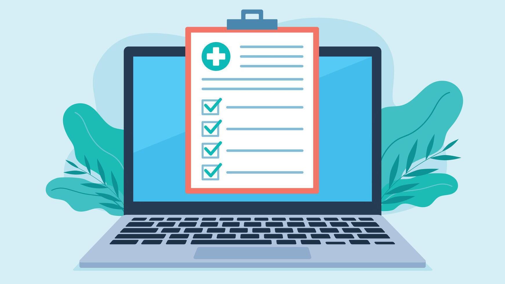 Medical questionnaire on laptop screen. All checklist checkmarks are marked positively. Graphics in flat style. vector