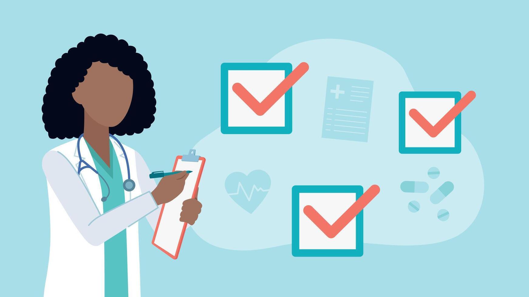 Image of a doctor writing notes in a notebook. Next to the character are filled-out positive checkmarks. In the background are icons of a heart, document, pills and vitamins. vector