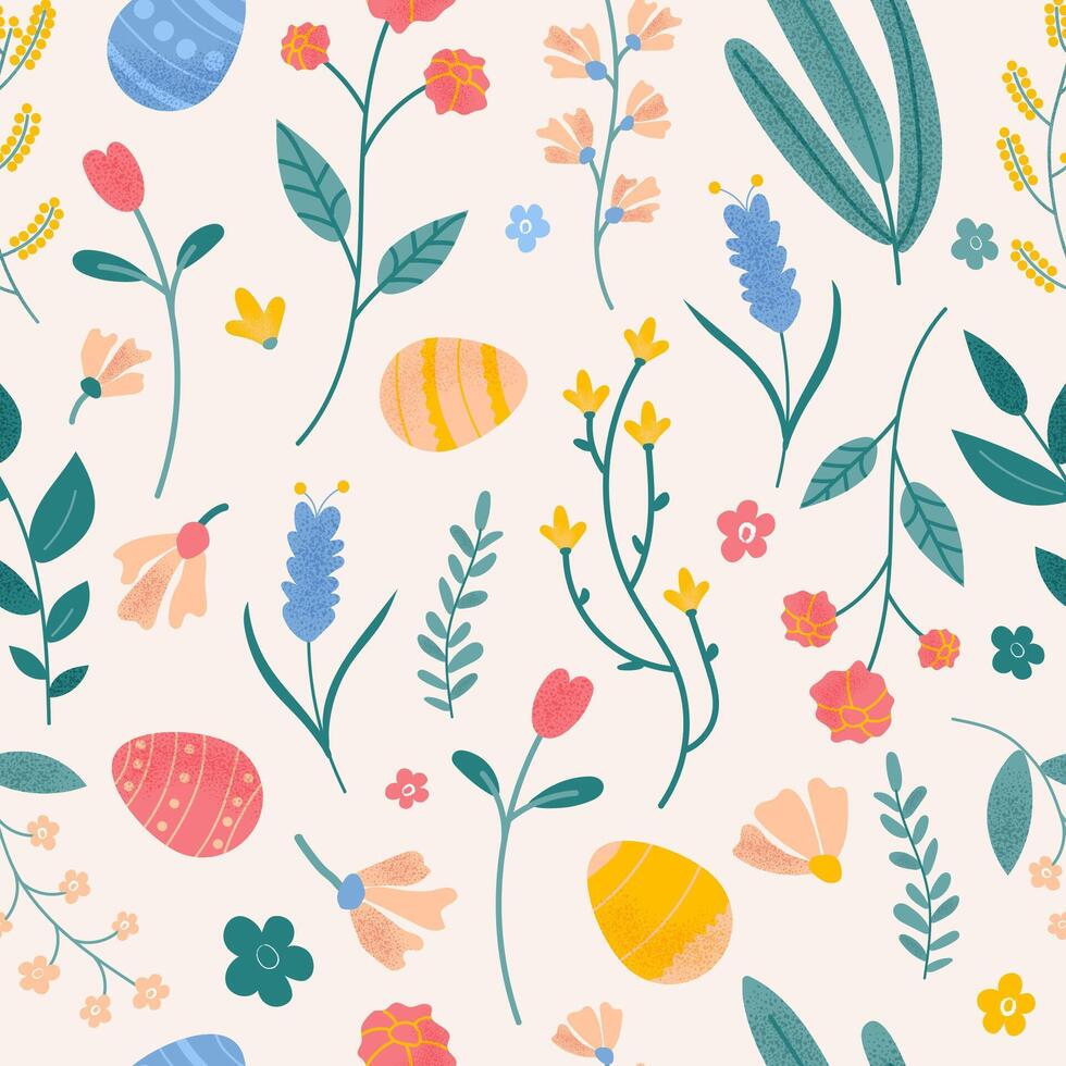 Botanical seamless pattern colorful wildflowers and leaves elements. Decorative hand drawn floral, foliage elements. Flat illustration vector