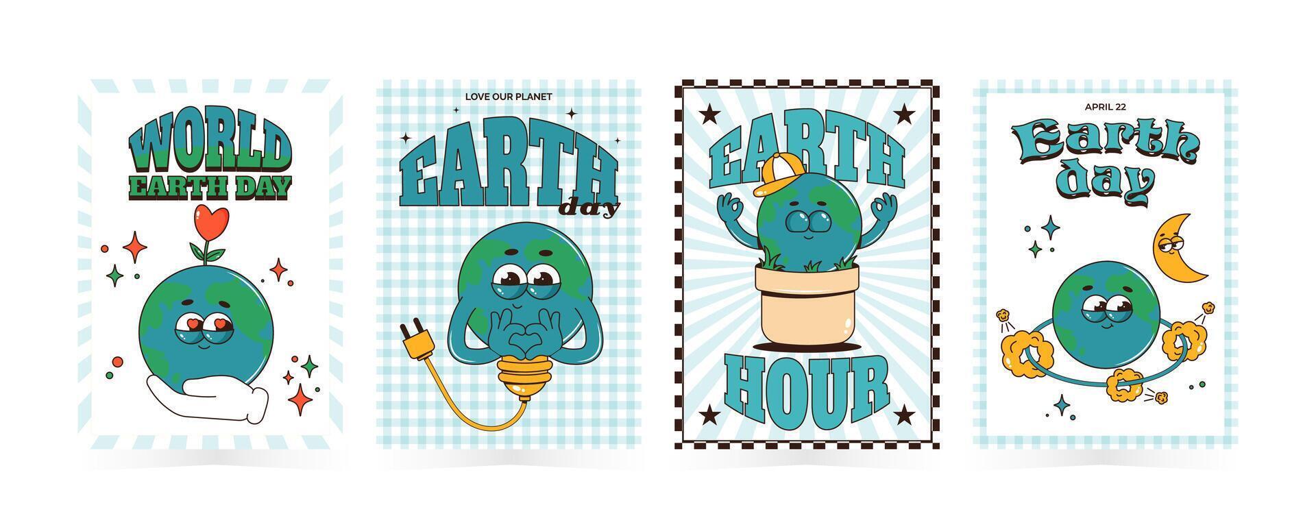 Retro groovy planet Earth character. Funky globe personage. World Environment day, Earth day, Earth hour vertical posters set. illustration vector