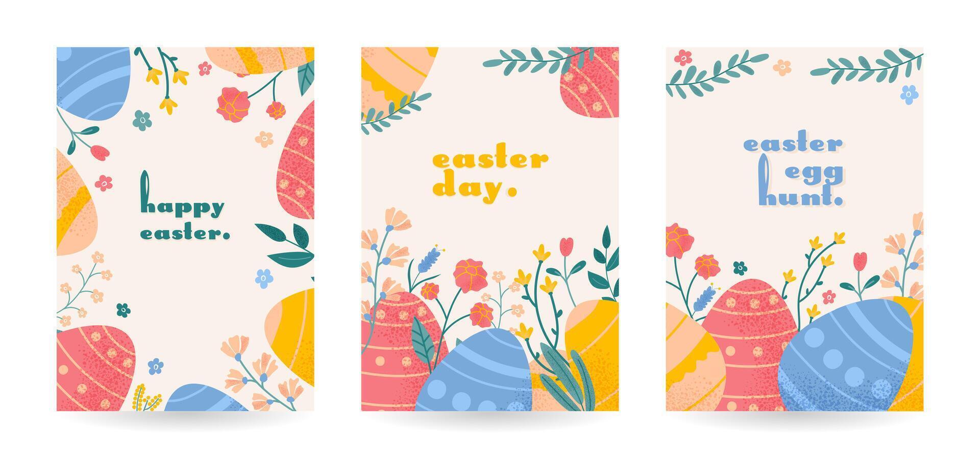 Happy Easter poster set. Holiday greeting background with eggs, flowers and leaves. Spring cute illustration in pink, yellow, blue colors vector