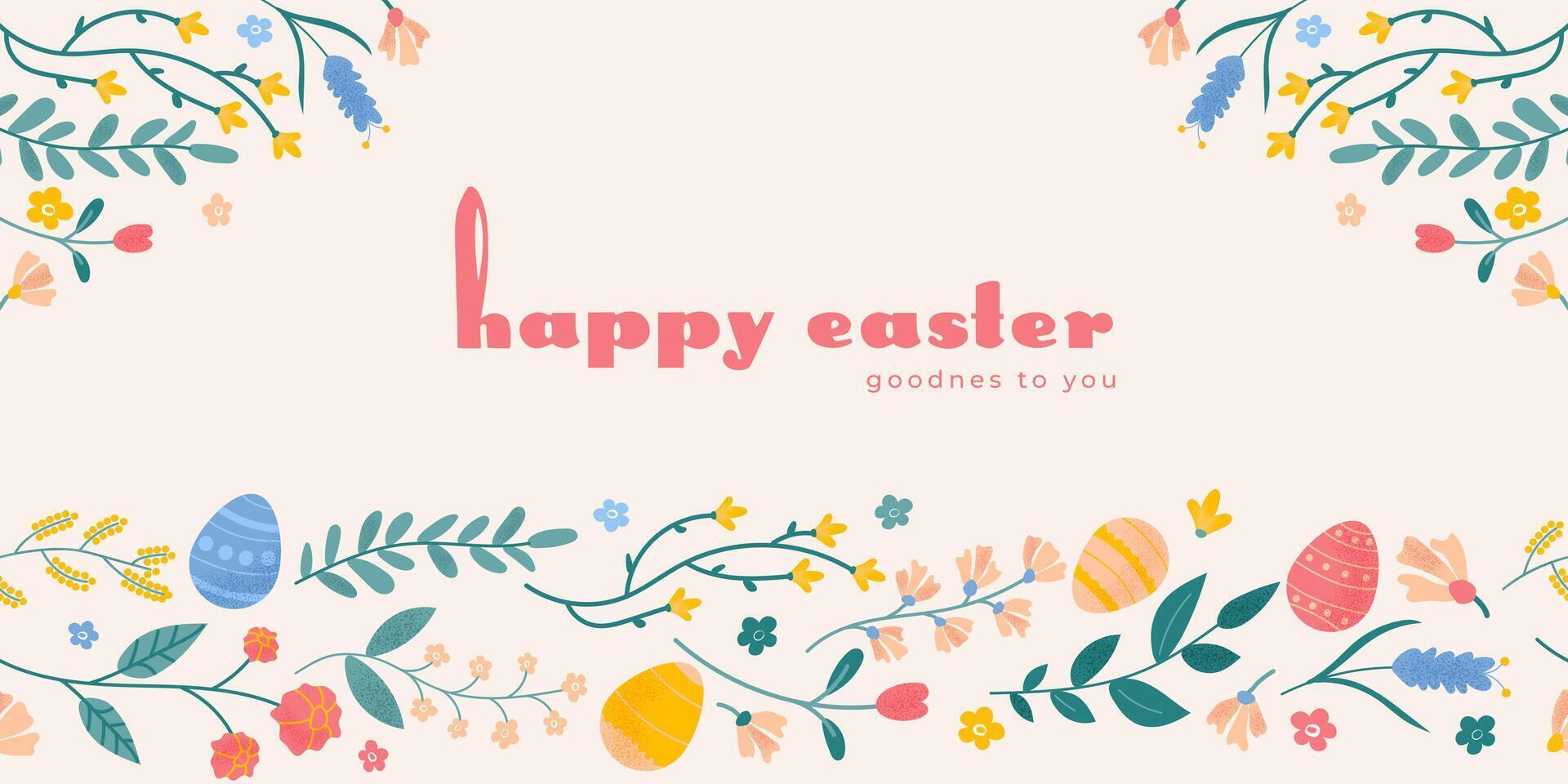 Happy Easter banner. Holiday greeting background with eggs, flowers and leaves. Spring cute illustration in pink, yellow, blue colors vector