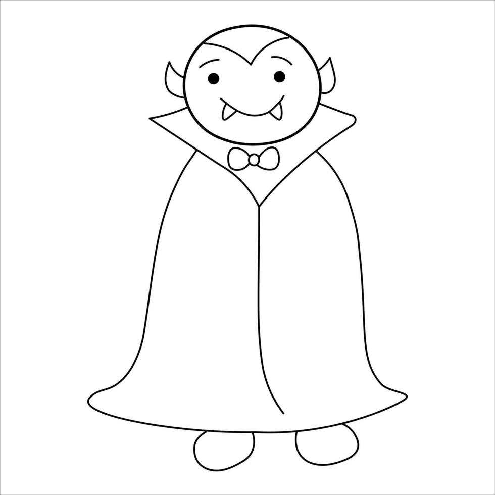 Simple black and white doodle illustration of a cartoon vampire in a cape. Count Dracula is depicted in a minimalist outline style. vector