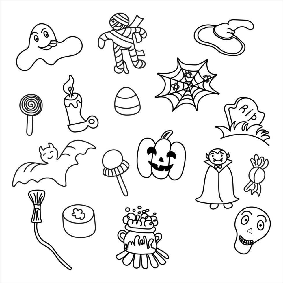 Black and white outline doodle style illustration featuring a Halloween themed set vector