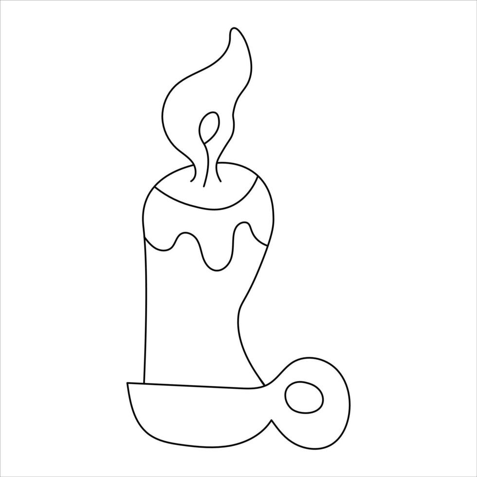 Candle in a candlestick, doodle illustration. Simple black-and-white outline drawing, hand-drawn, isolated on a white background. Children's coloring page, Halloween, themed design, children's books. vector