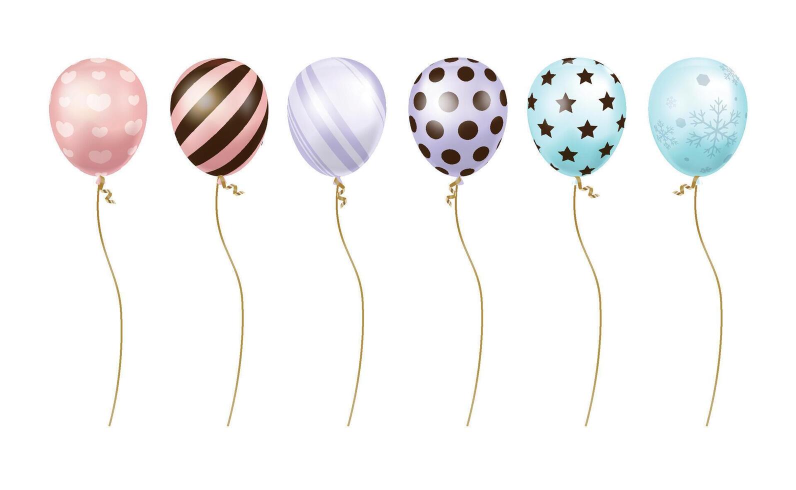 A set of balloons in pink, purple, blue, with different patterns on them, suitable for festivals, parties, sales vector