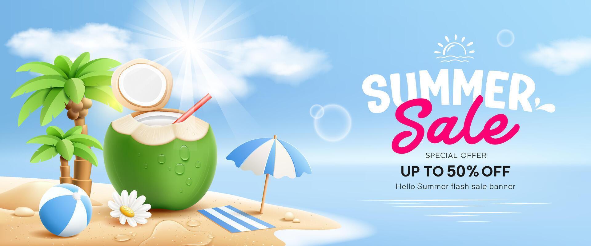 Coconuts fruit fresh, beach umbrella, summer holiday, coconut tree, pile of sand, banner design on island beach background vector
