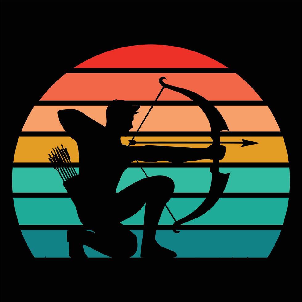 Archery Artwork Featuring Archer and Retro Sunset Background vector
