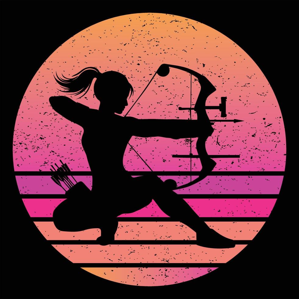 Retro-Style Archer Silhouette with Vintage Sunset Background vector