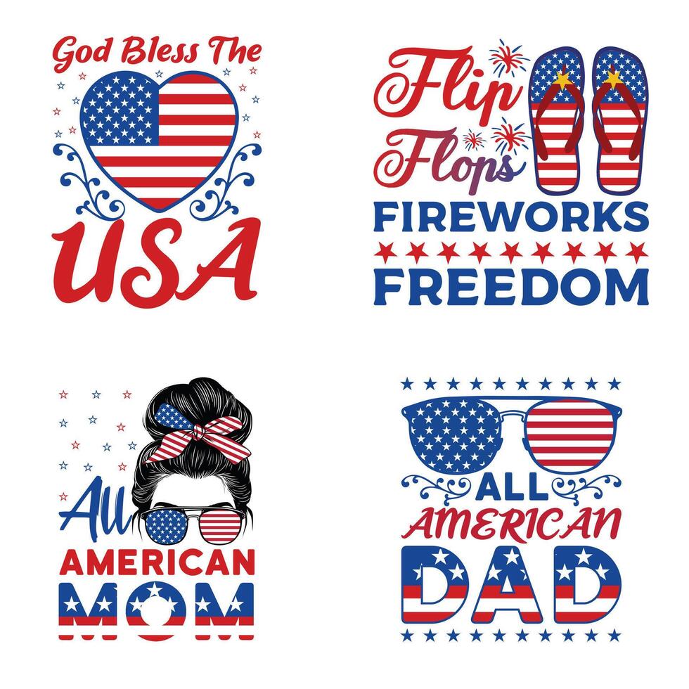 All American Typography T-shirt Featuring USA Independence Day and Patriotic Design vector