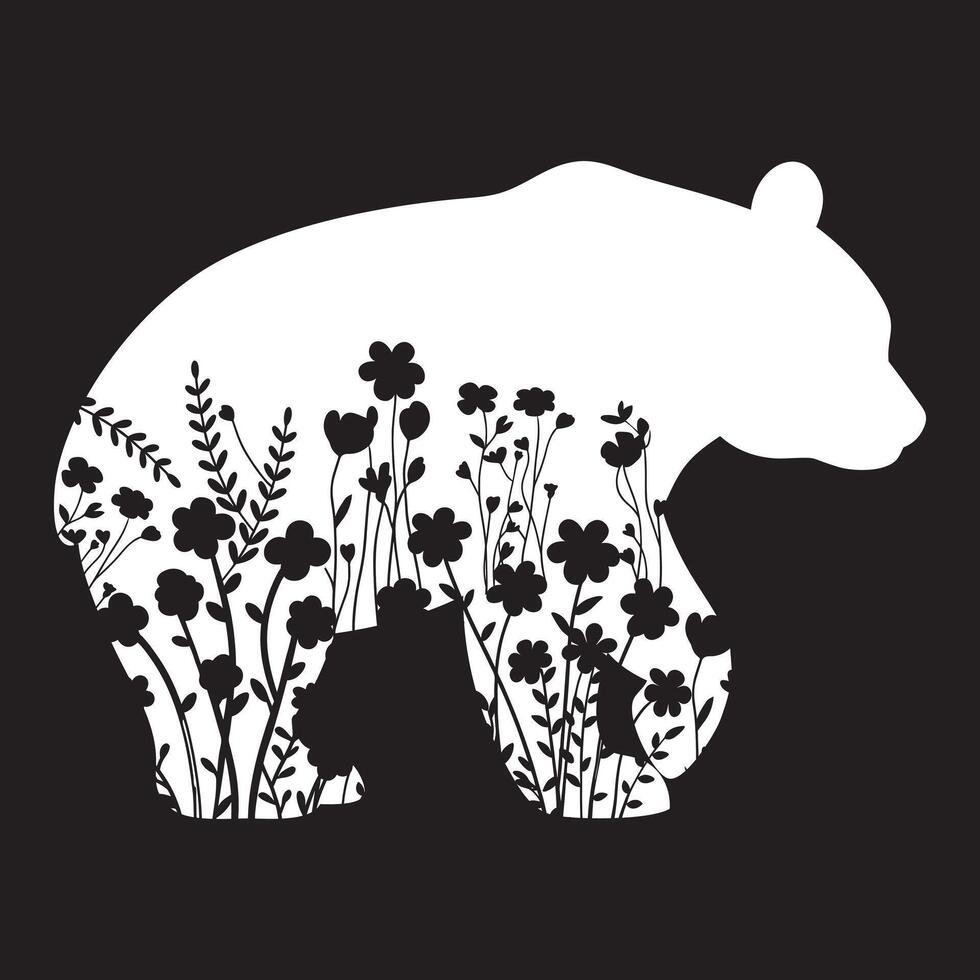bear floral illustration, Animal with flower Design black white vector