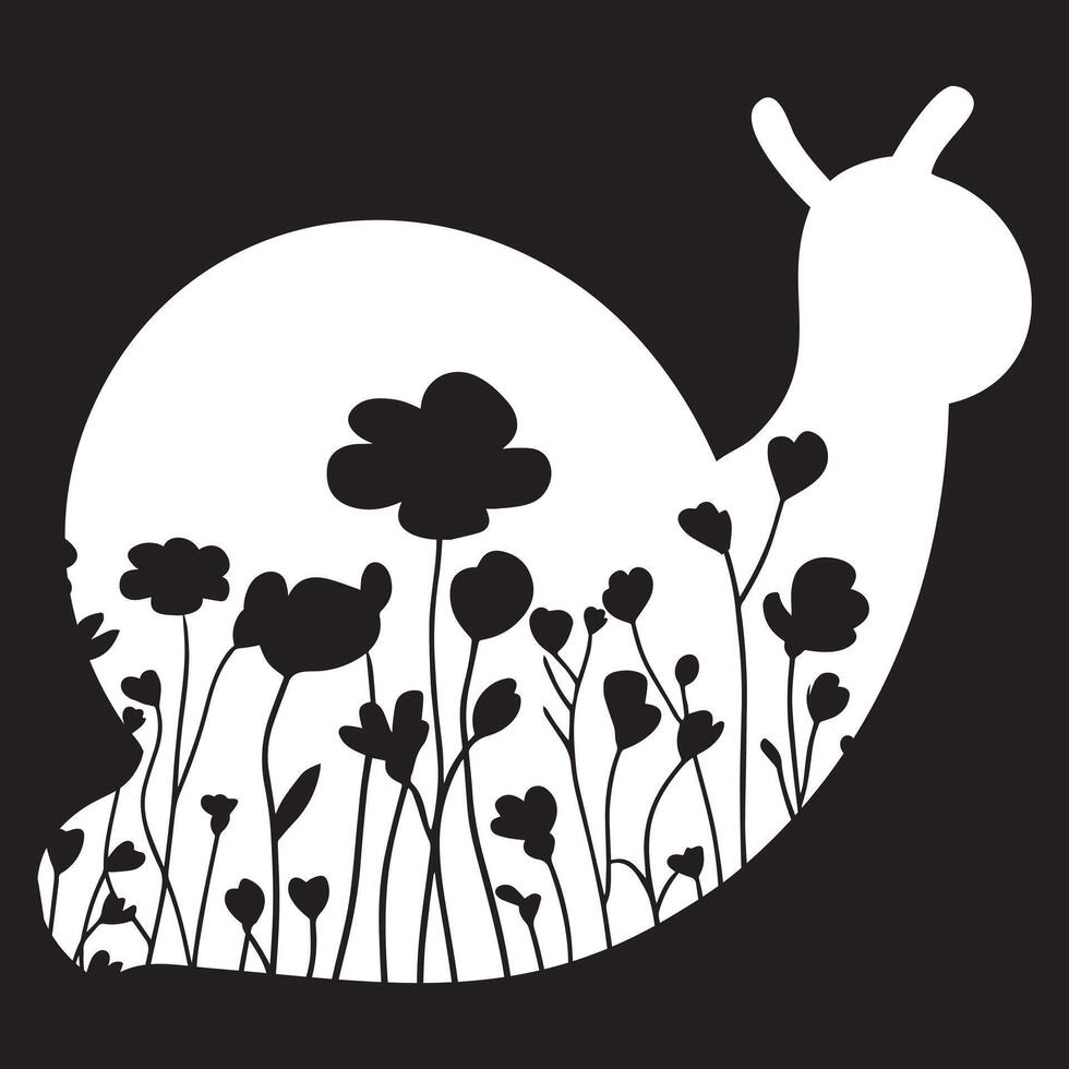 Snail floral illustration, Animal with flower Design black and white vector