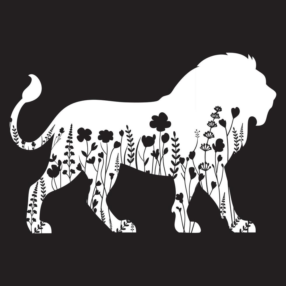 lion floral illustration, Animal with flower Design black and white vector