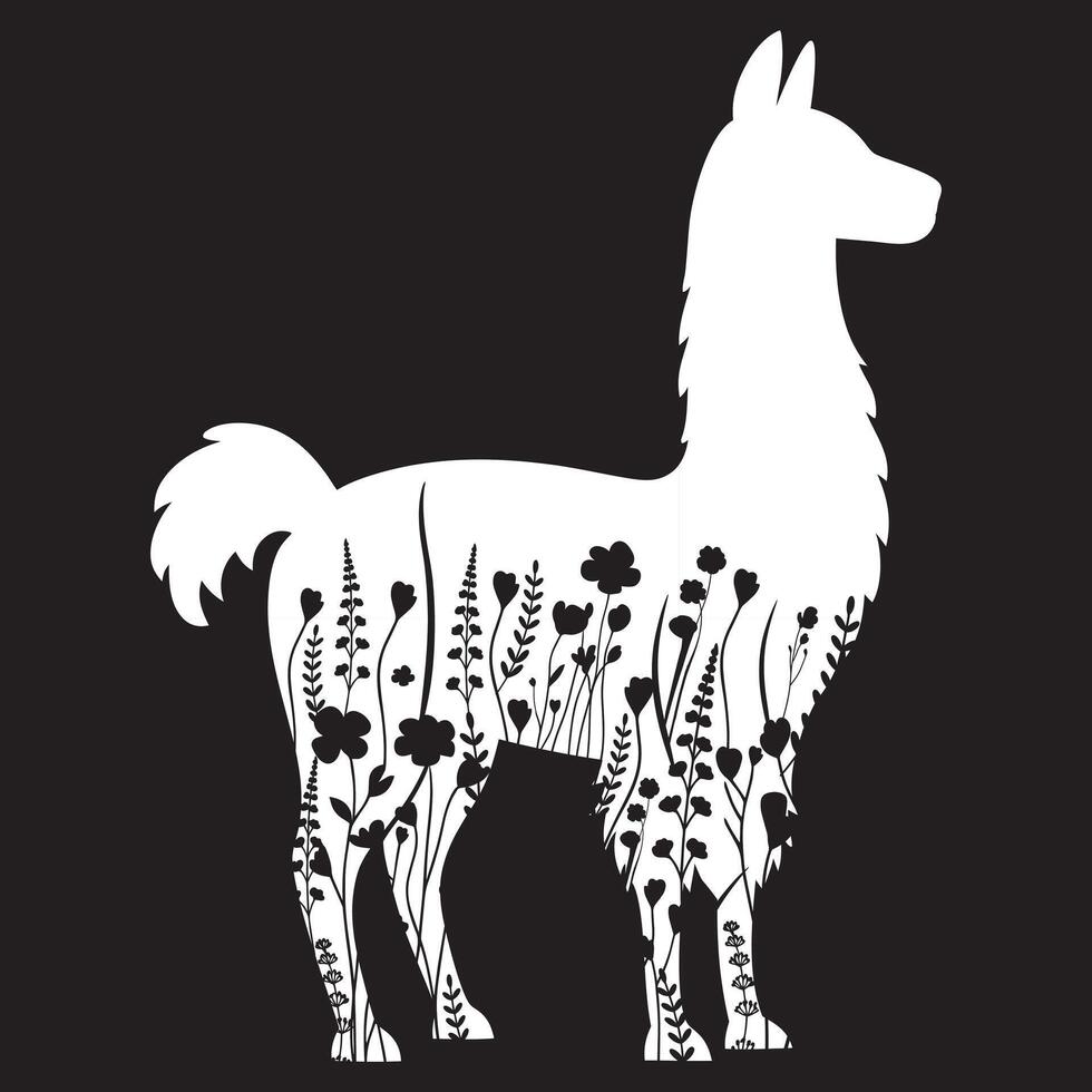 llama floral illustration, Animal with flower Design black and white vector