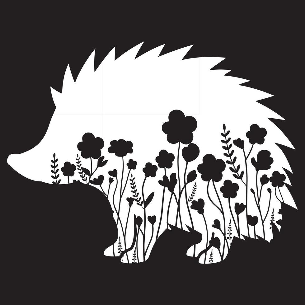 hedgehog floral illustration, Animal with flower Design black and white vector