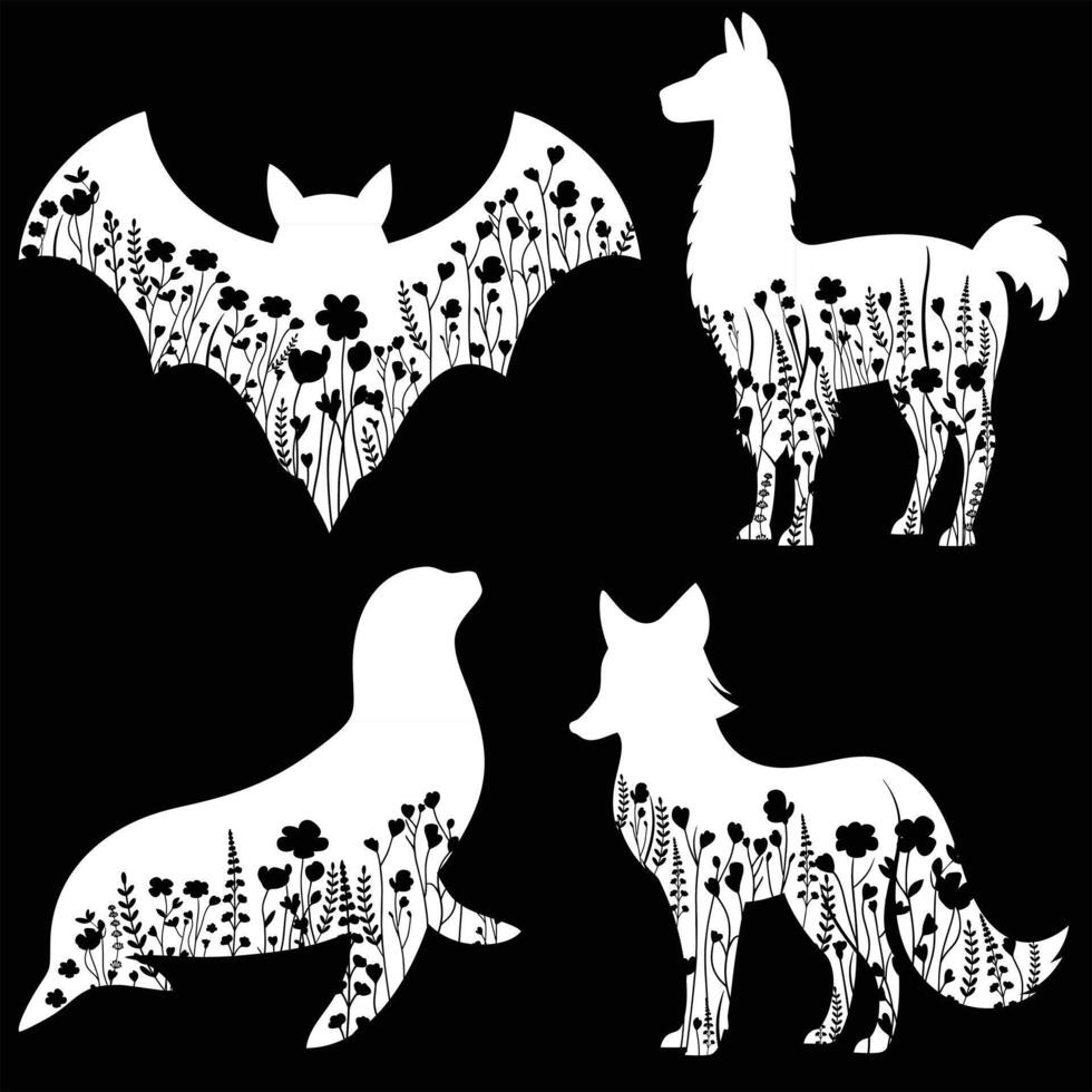 Set of Animals floral illustration, Animal with flower Design black and white vector
