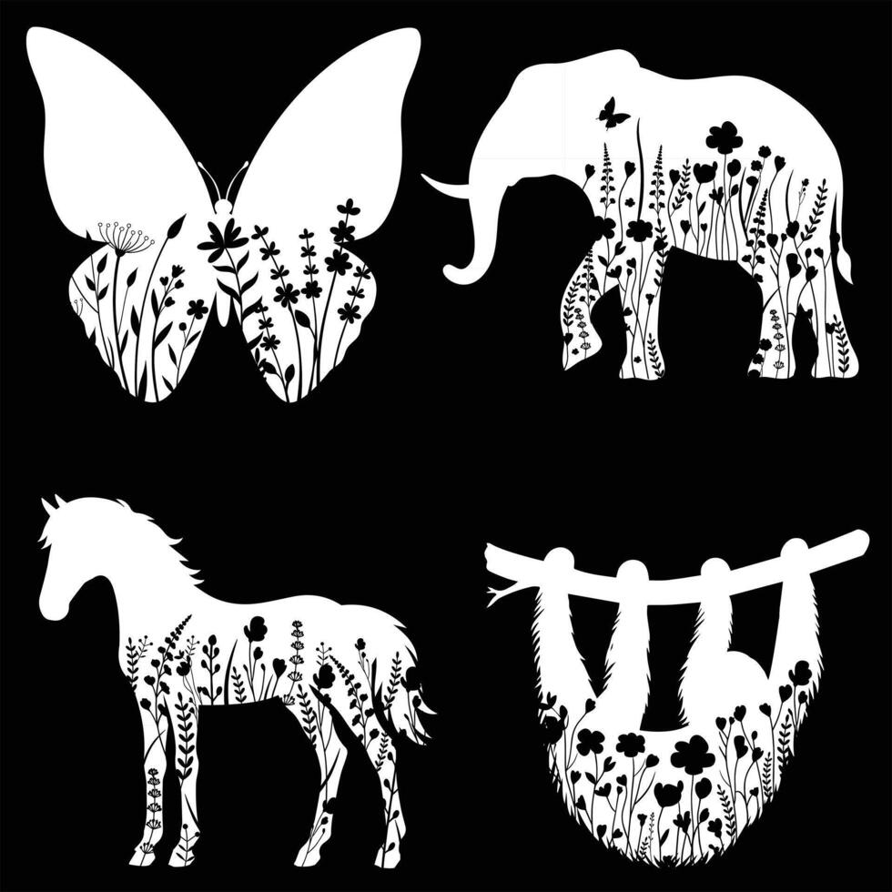 Set of Animals floral illustration, Elephant, Sloth, Butterfly with flower Design black and white vector