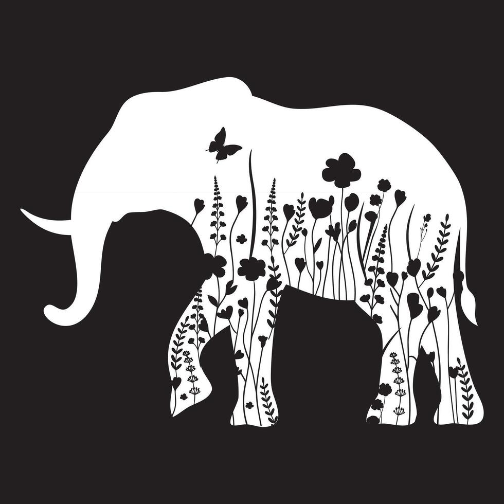 Elephant floral illustration, Animal with flower Design black and white vector