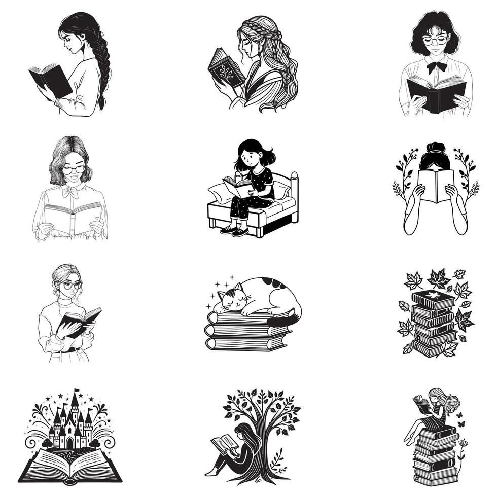Artistic Collection of Book Lover and Librarian Reading Illustrations vector