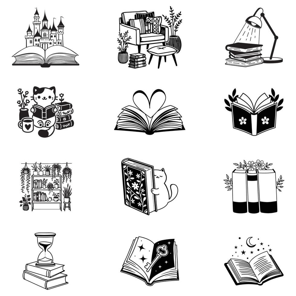 Collection of Book Lover Illustration and Book Reader Clipart Design vector
