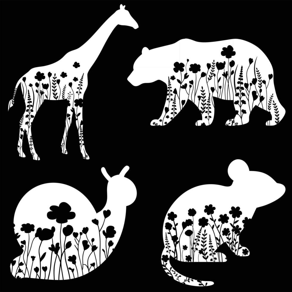 Set of Animals floral illustration, Bear, Snail, Mouse with flower Design black and white vector