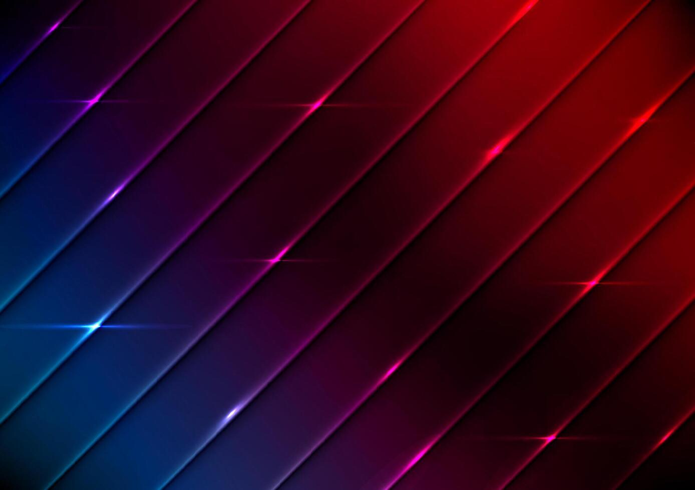 Futuristic abstract background with diagonal neon light metallic surfaces transitioning from deep blue to red hues, glowing reflections, cyberpunk aesthetic, illustration vector